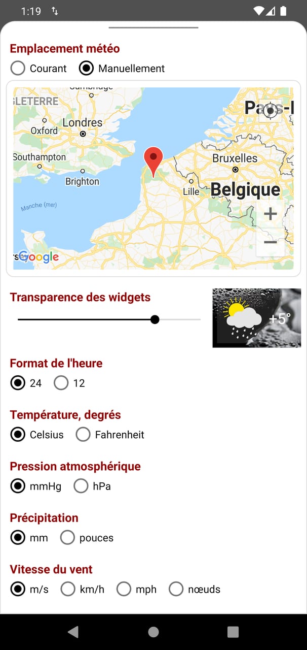 RWeather : réglages du lieu et des unités